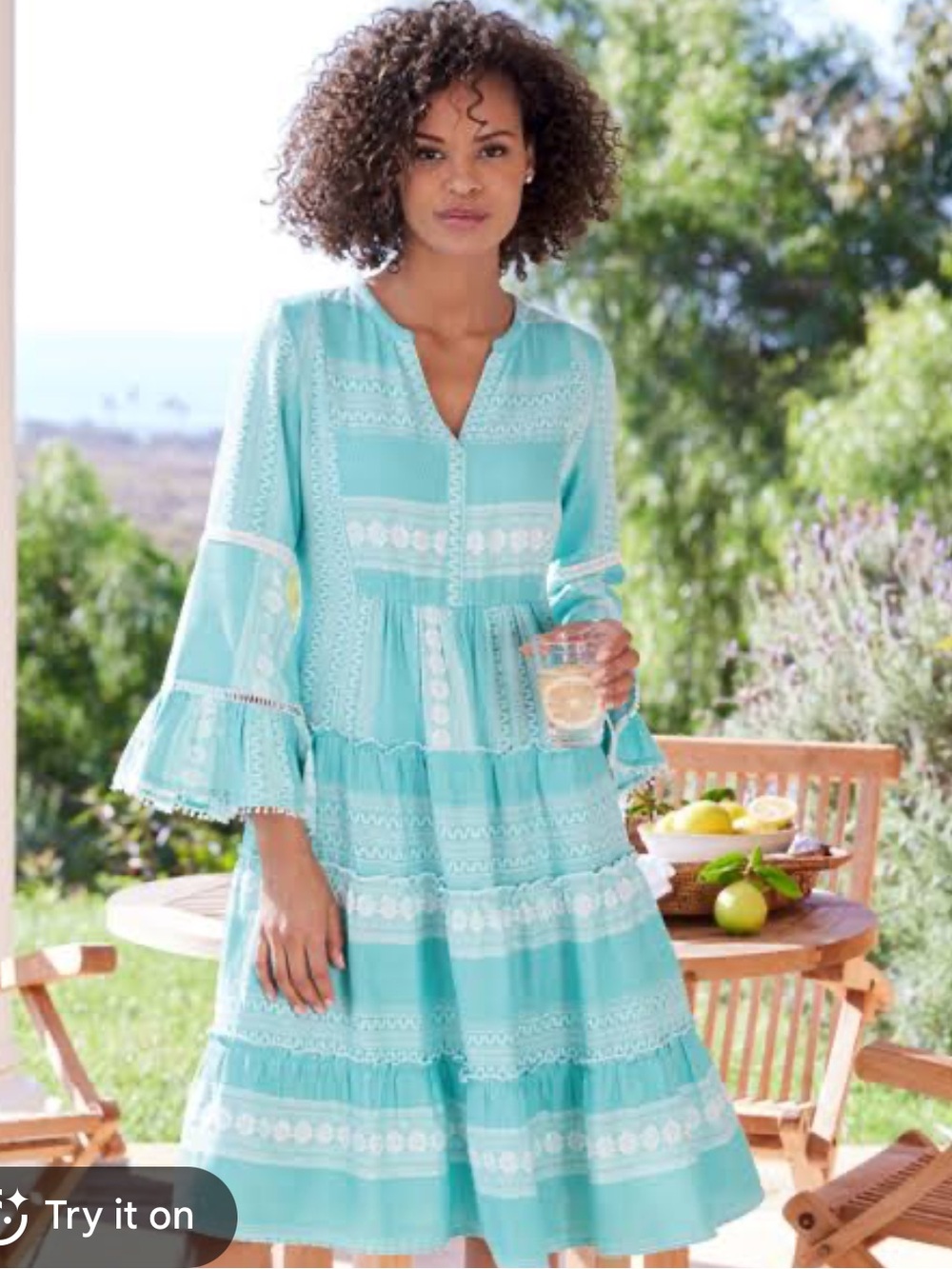 Soft Surroundings Aqua Lace-Trim Tiered Dress